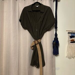 Olive Green Button-Up Dress with Tan Belt